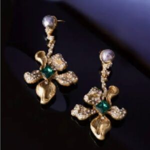 Gold and Green Crystal Floral Earrings